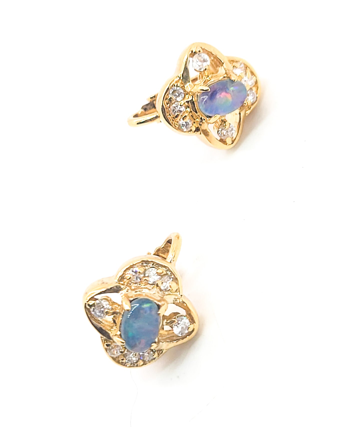Blue green Australian Opal triplet 14k gold HGE CZ vintage clip on earrings