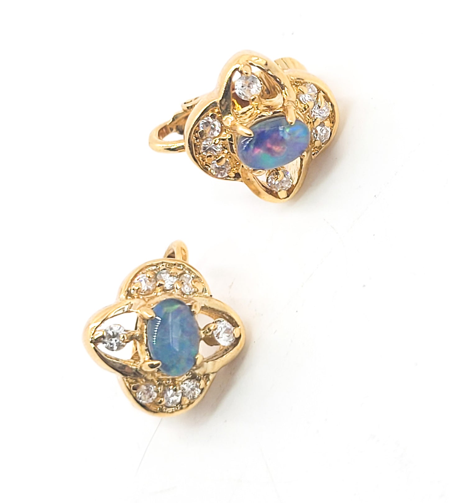 Blue green Australian Opal triplet 14k gold HGE CZ vintage clip on earrings
