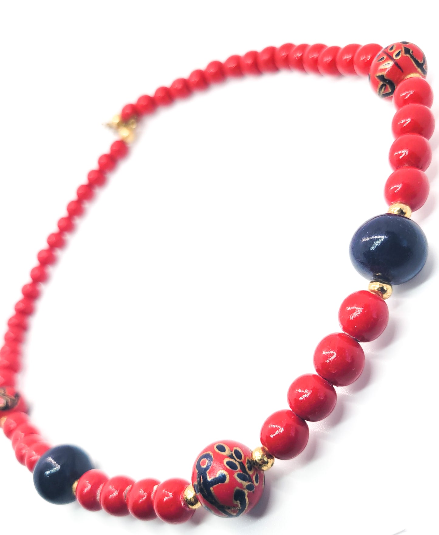 Nautical Anchor Navy and Red painted vintage wooden beaded necklace