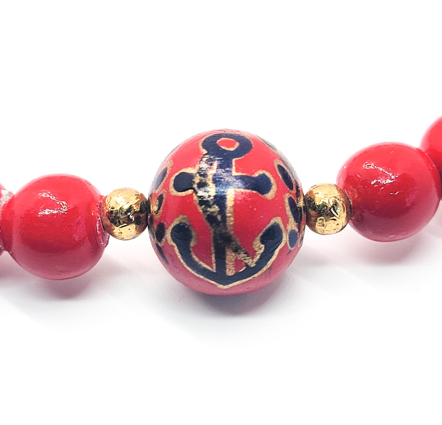 Nautical Anchor Navy and Red painted vintage wooden beaded necklace