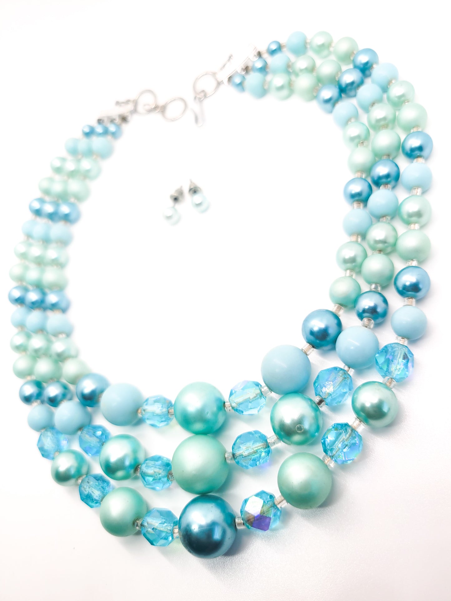 Baby blue and Austrian crystal beaded 3 stand vintage necklace and stud earrings