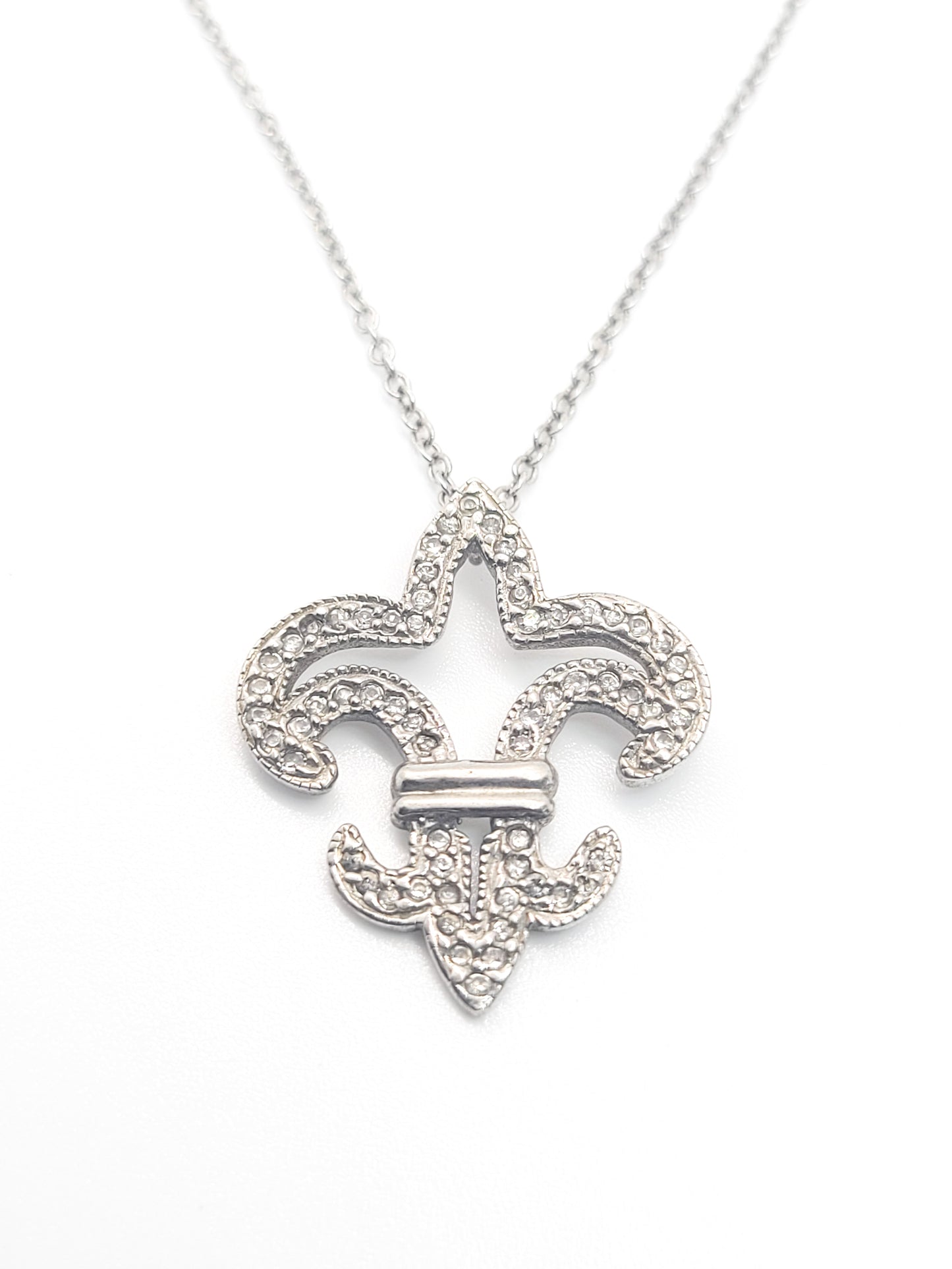 Fleur De Lis CZ cubic Zirconia sterling silver signed pendant necklace