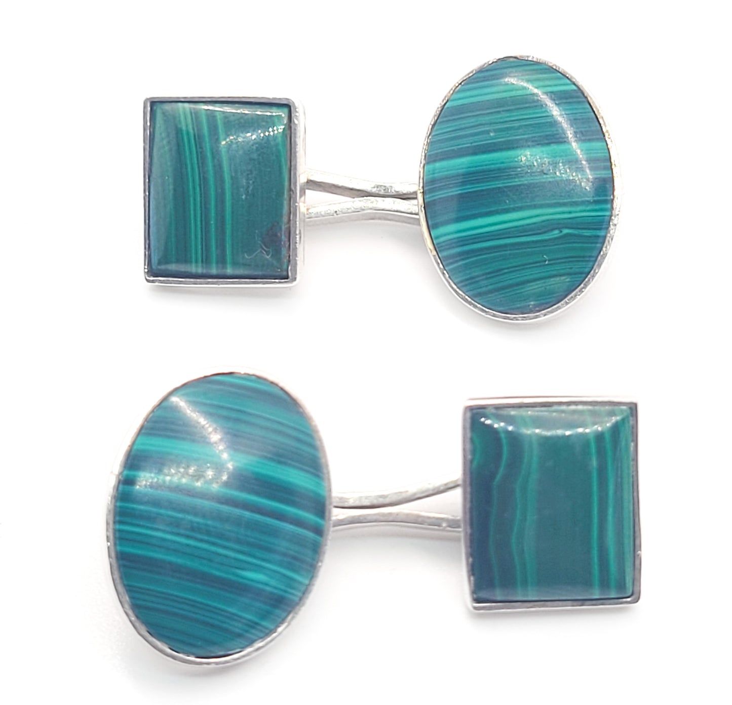 Banded Malachite green gemstone vintage sterling silver cufflinks