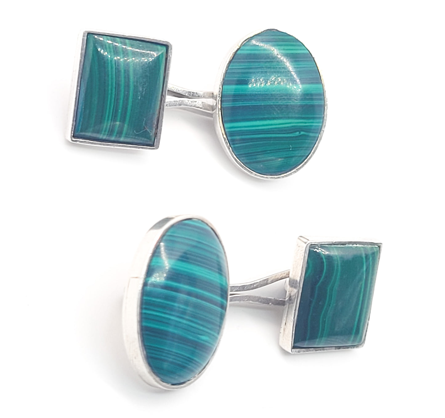 Banded Malachite green gemstone vintage sterling silver cufflinks