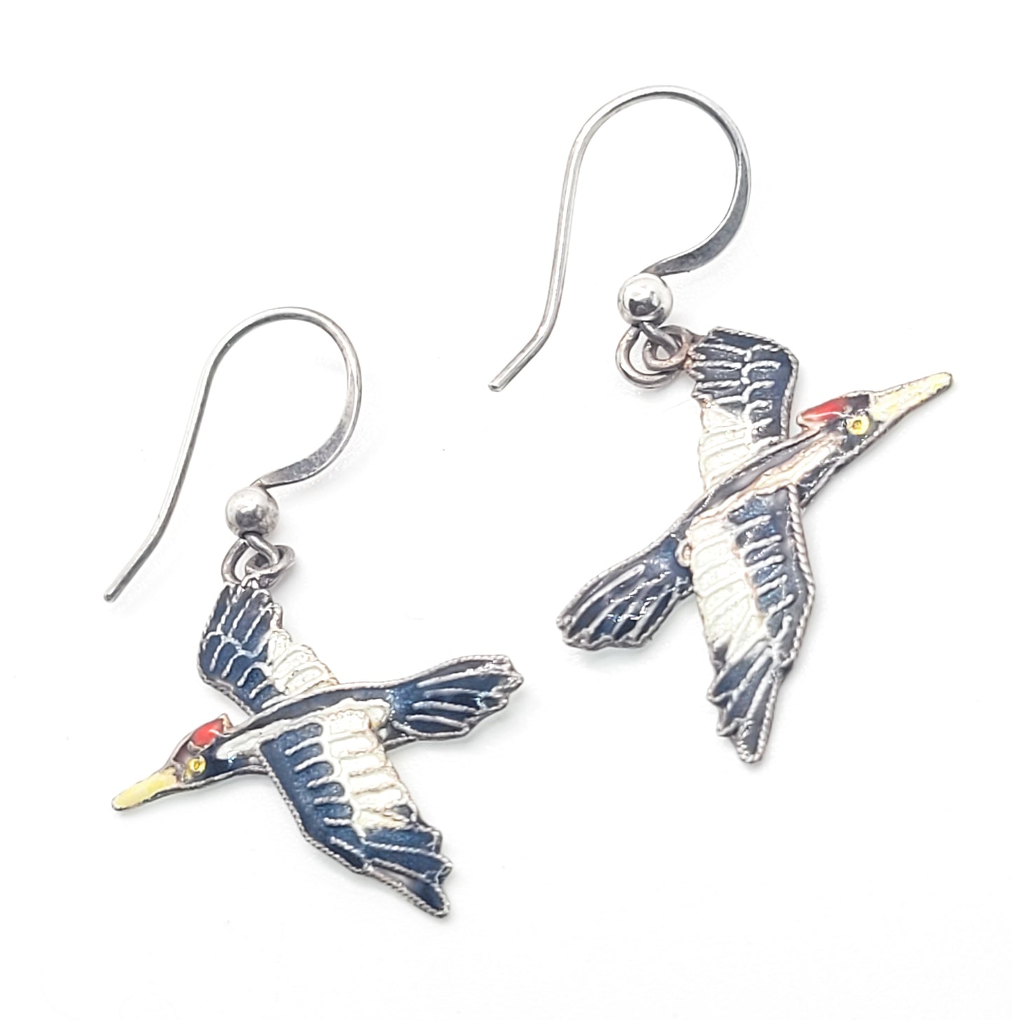 Woodpecker Cloisonne black and white bird enamel sterling silver drop earrings