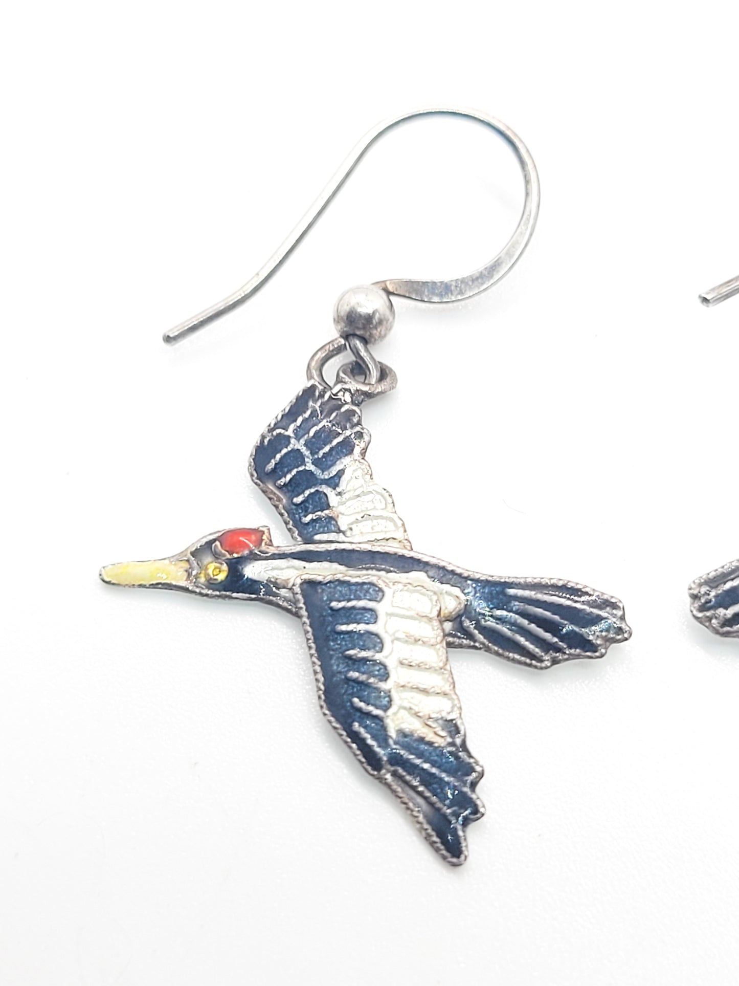 Woodpecker Cloisonne black and white bird enamel sterling silver drop earrings