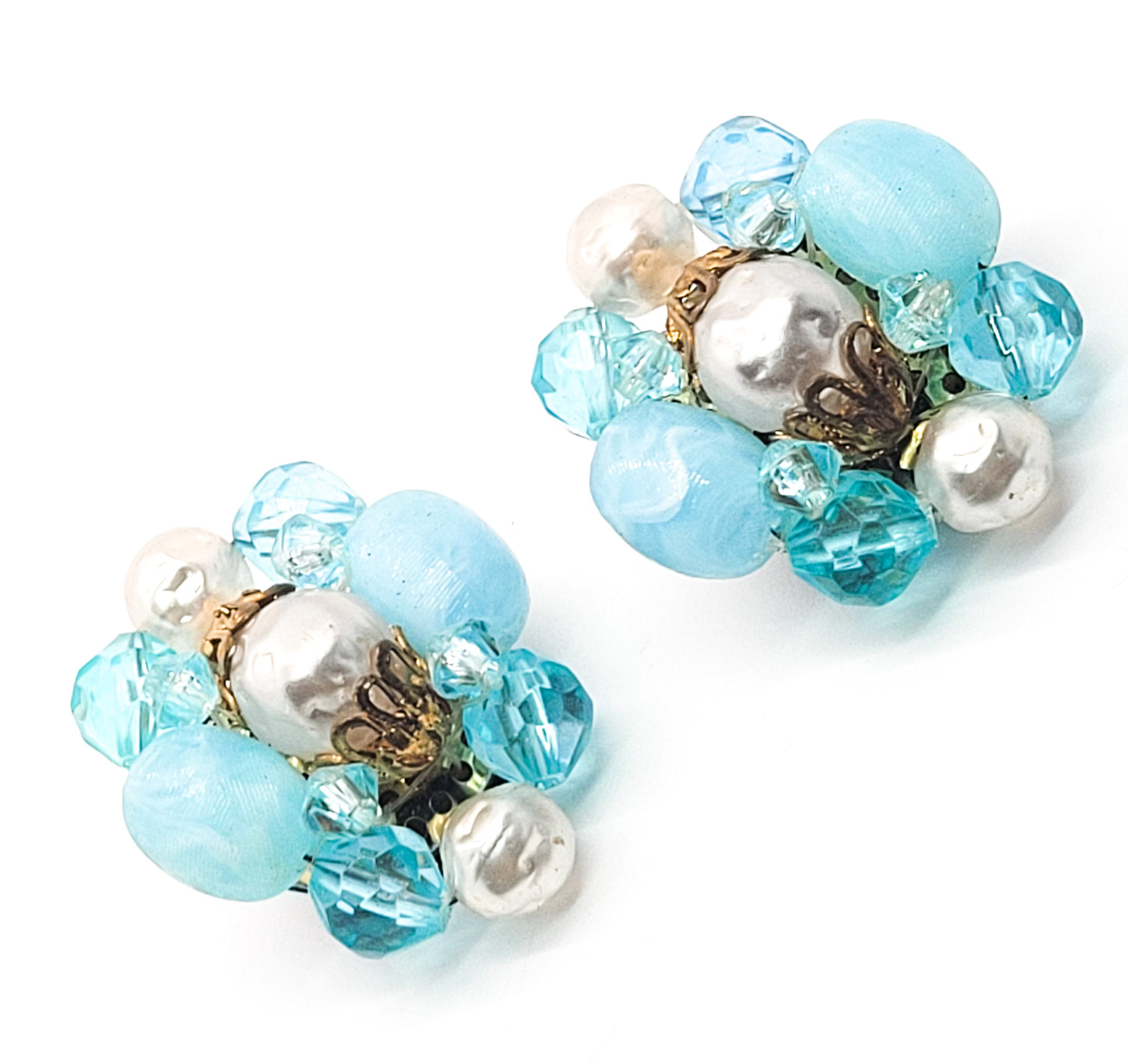 Germany Baby blue and pearl vintage beaded cluster clip on earrings