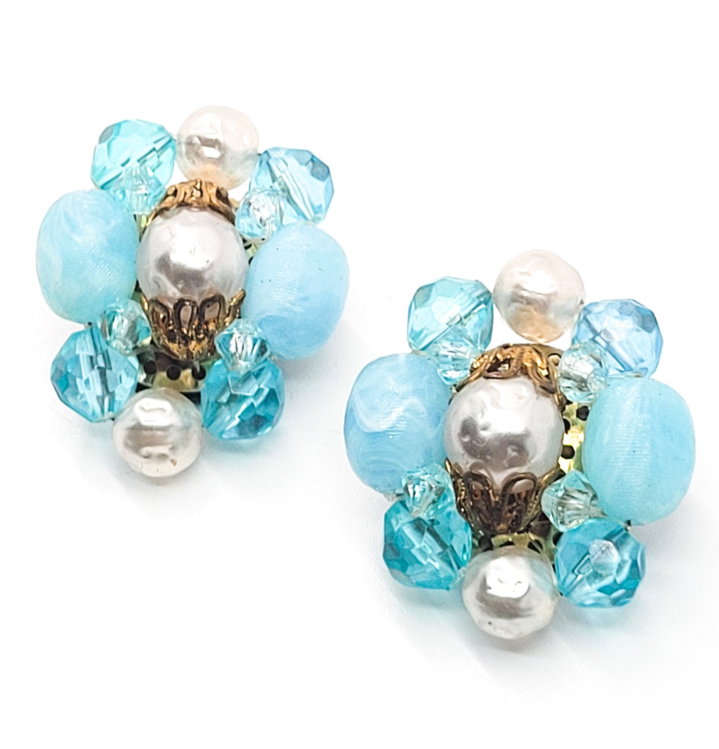 Germany Baby blue and pearl vintage beaded cluster clip on earrings