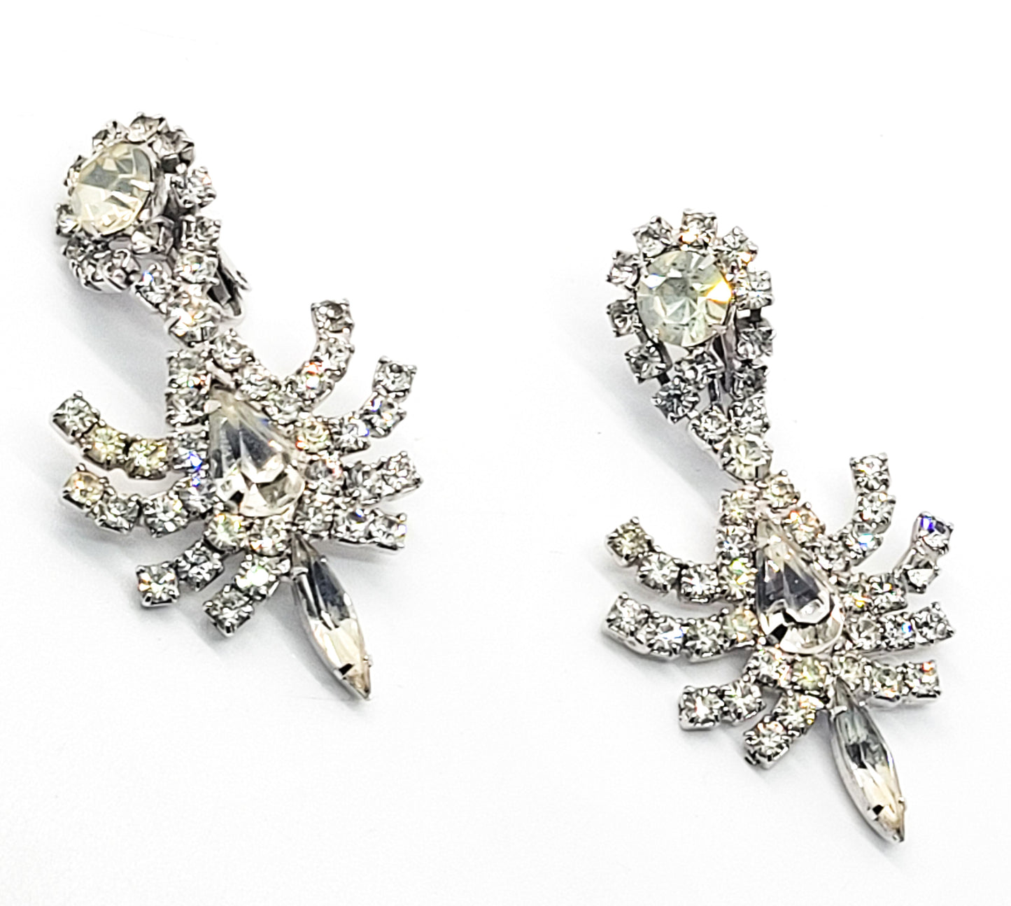 Clear rhinestone Spider retro vintage large drop clip on earrings