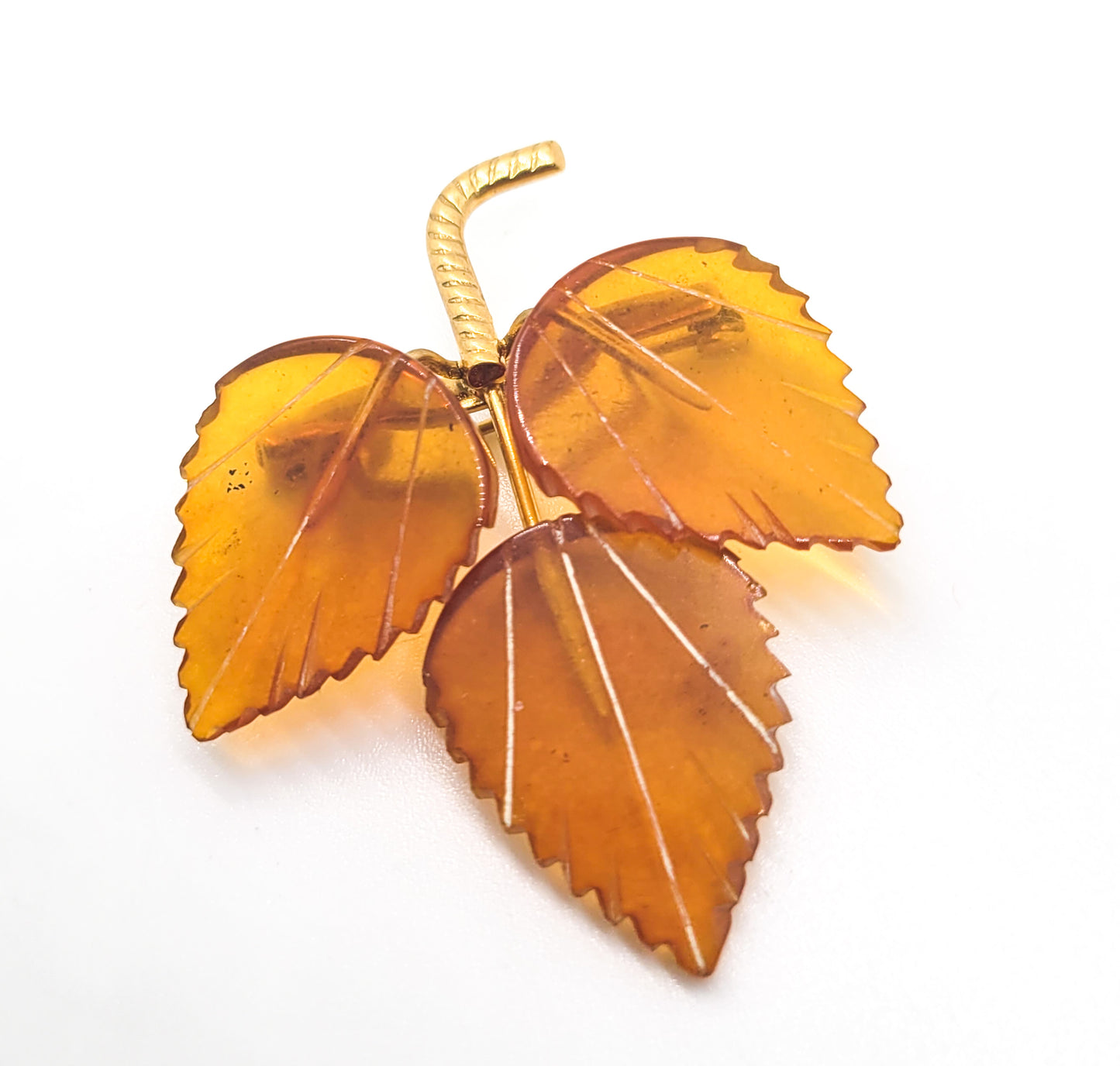 Apple Juice Orange Lucite leaf vintage autumn fall gold toned leave brooch