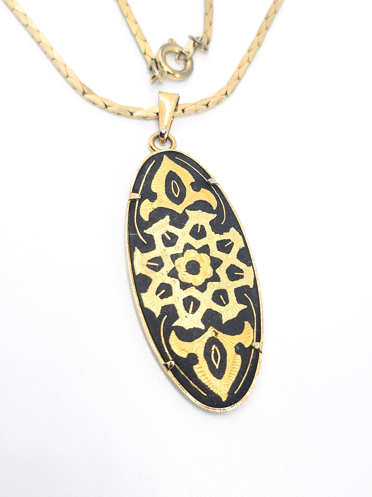 Spanish Damascene vintage gold toned mandala pendant necklace
