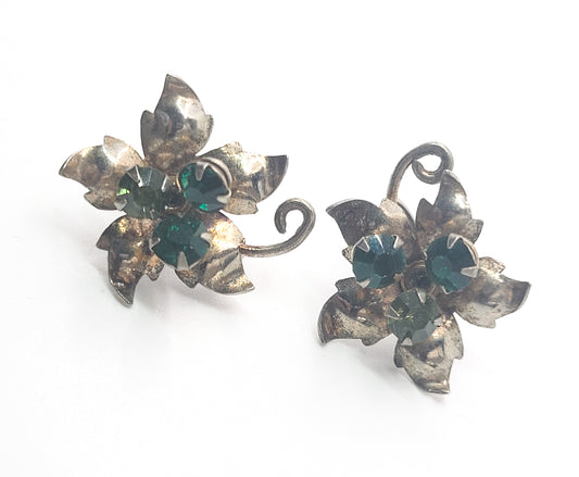 Green rhinestone antique sterling silver screw back flower earrings