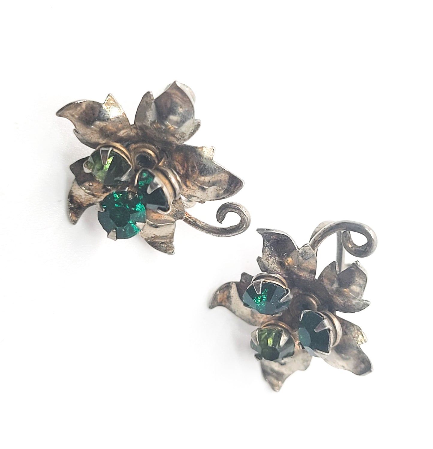 Green rhinestone antique sterling silver screw back flower earrings