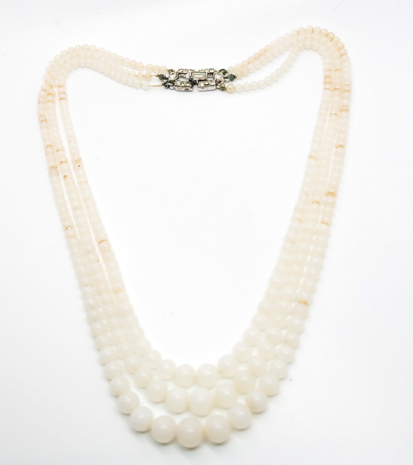 Crown Trifari Art Deco glass pearl three strand vintage necklace pave rhinestone clasp