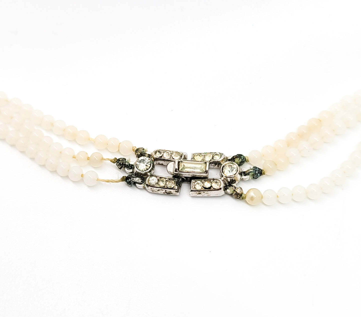 Crown Trifari Art Deco glass pearl three strand vintage necklace pave rhinestone clasp