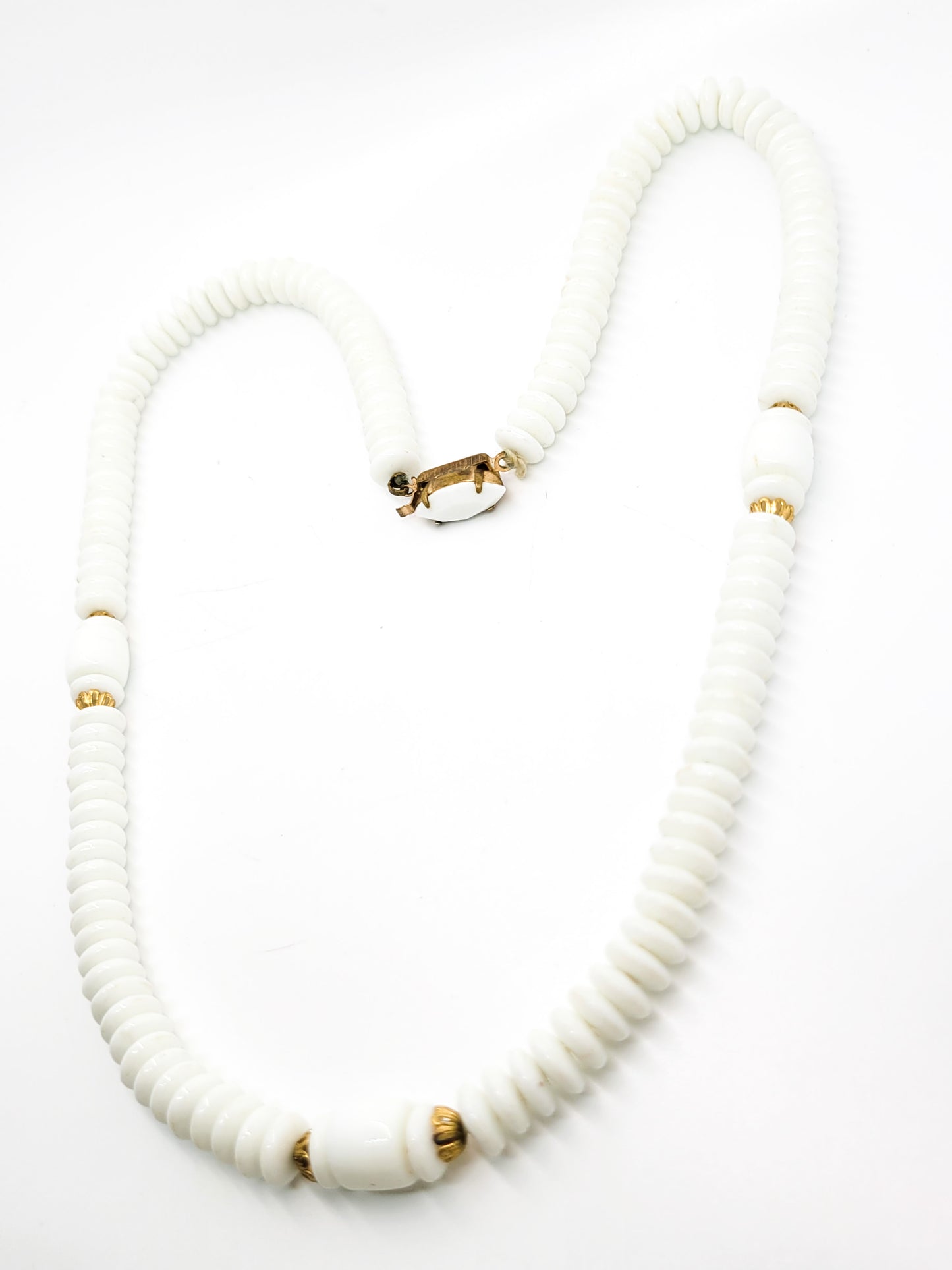 White milk glass beaded rhinestone mid century vintage gold toned necklace