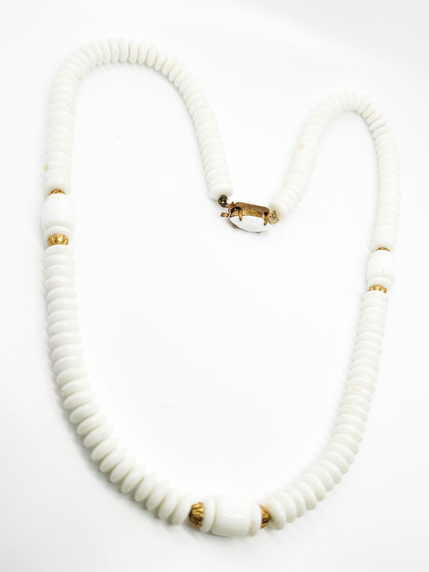White milk glass beaded rhinestone mid century vintage gold toned necklace