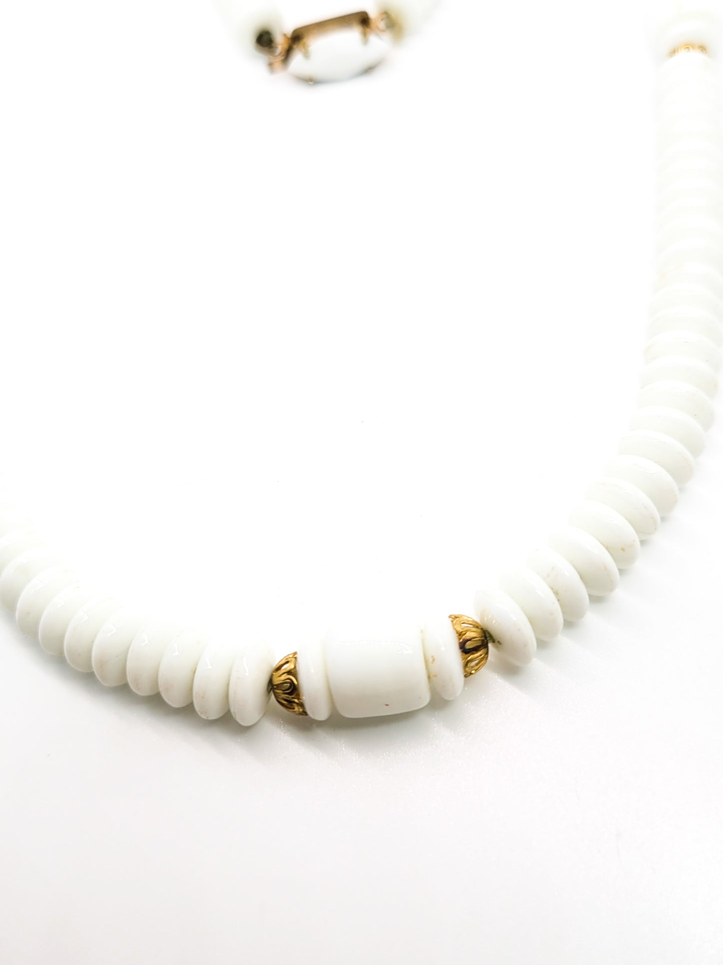 White milk glass beaded rhinestone mid century vintage gold toned necklace