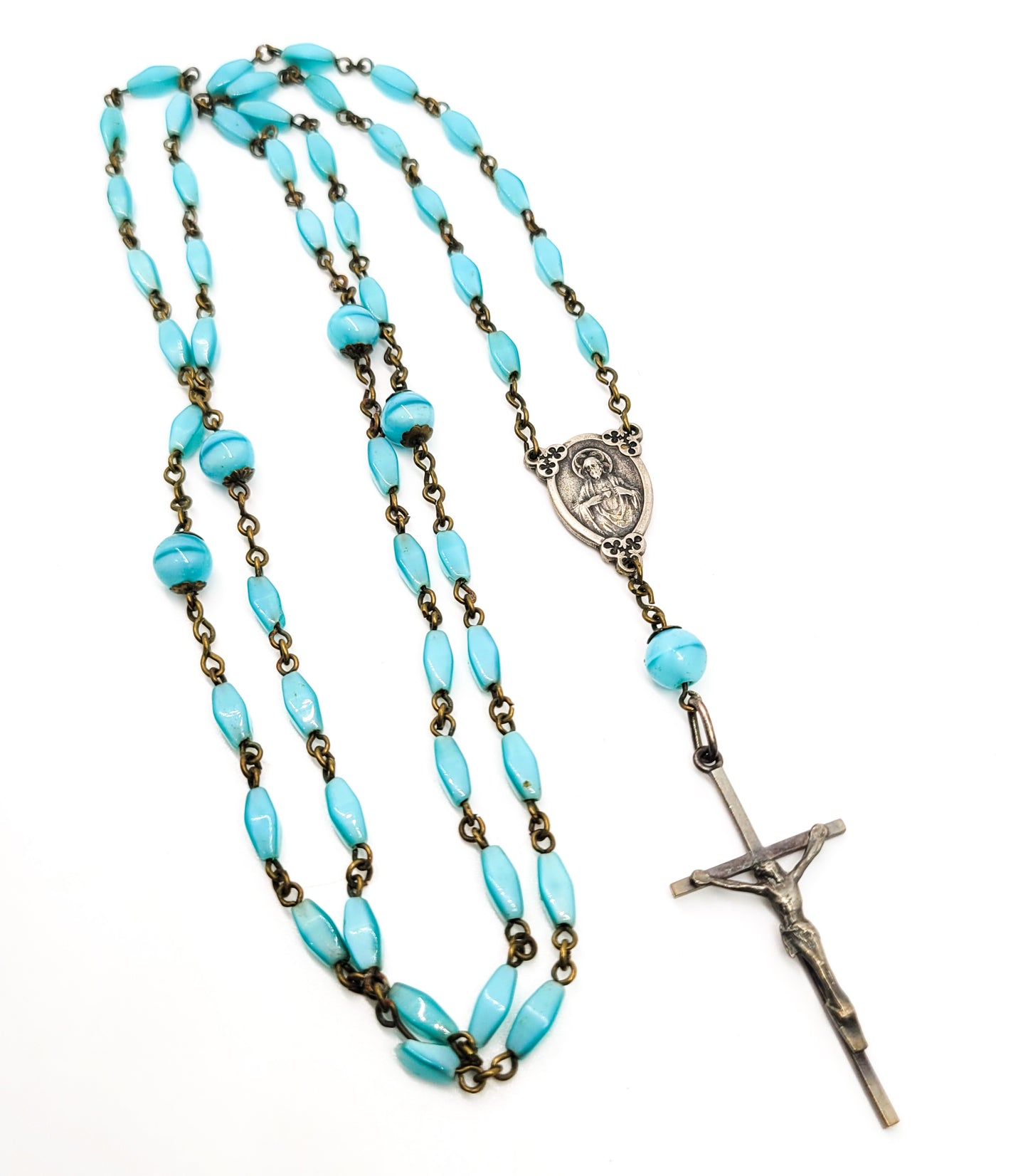 Blue satin glass vintage silver toned crucifix with clover accents