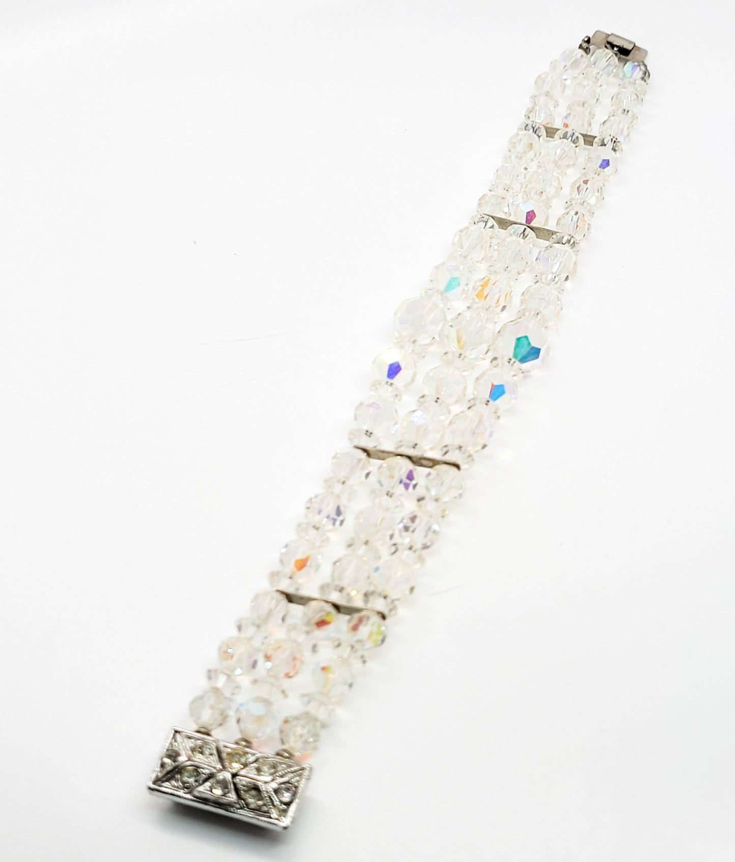 Austrian crystal three strand vintage rhodium plated pave beaded bracelet
