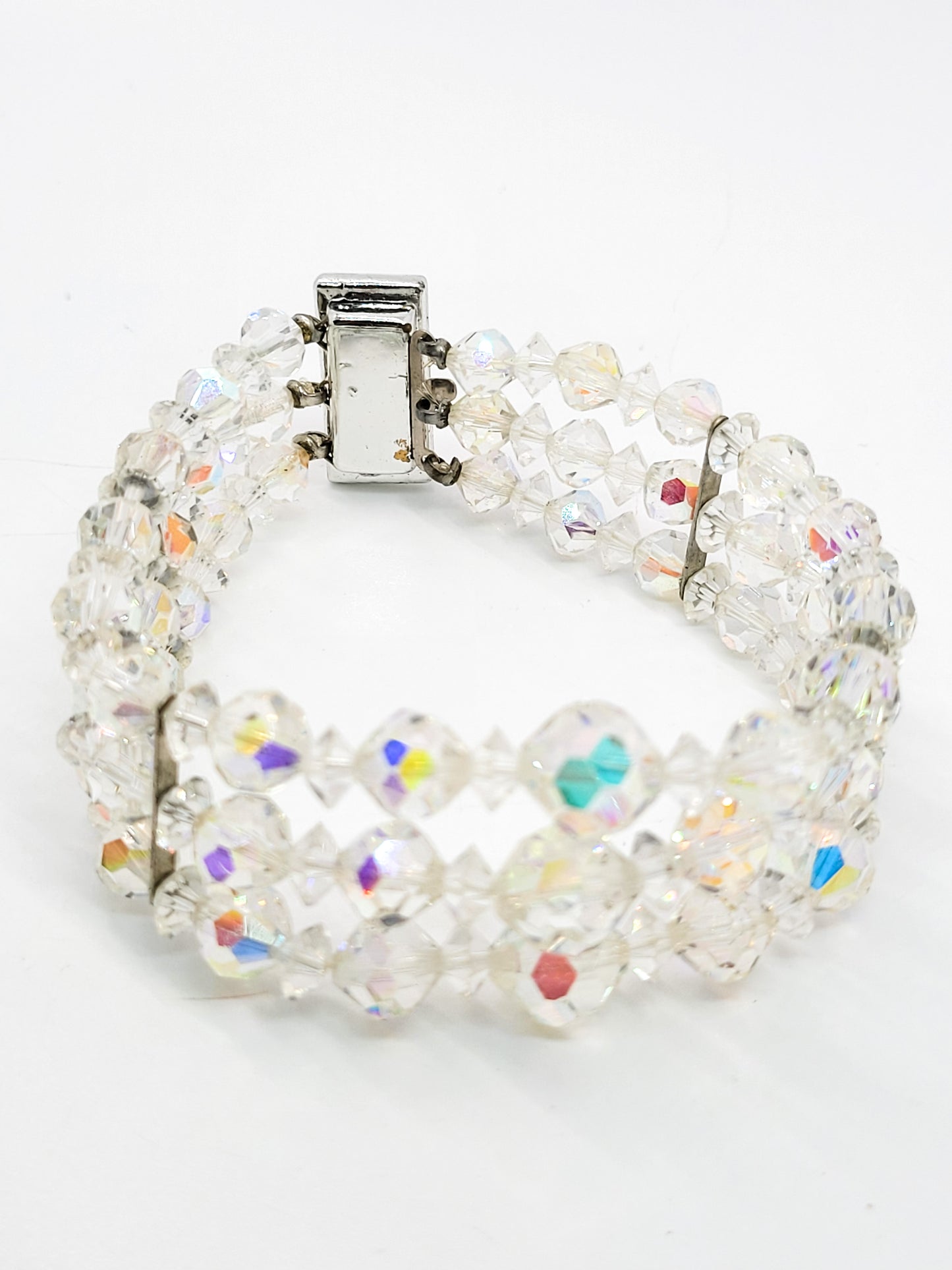 Austrian crystal three strand vintage rhodium plated pave beaded bracelet