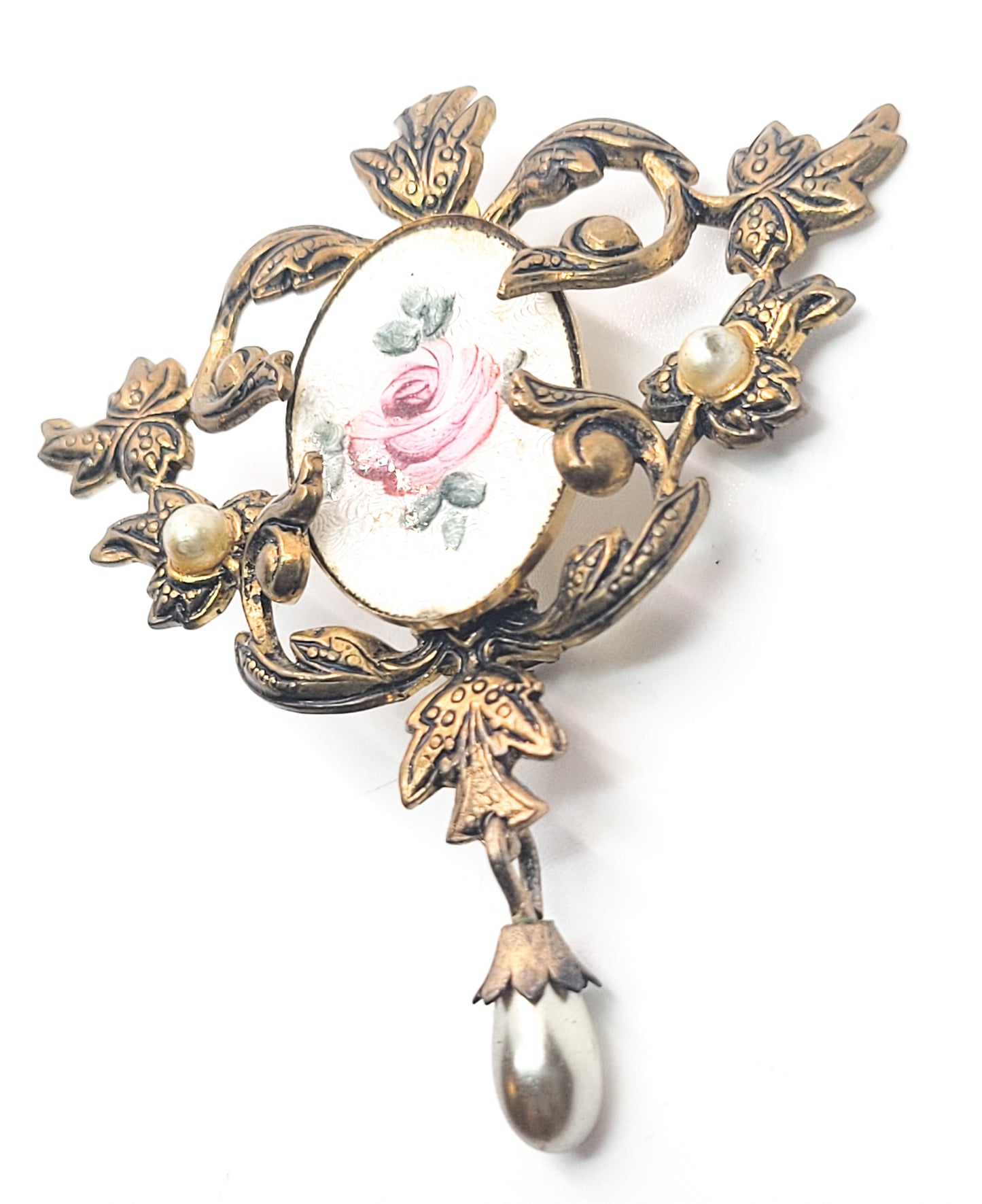 Guillouche pink rose flower white enamel Art Nouveau style faux pearl vintage brooch