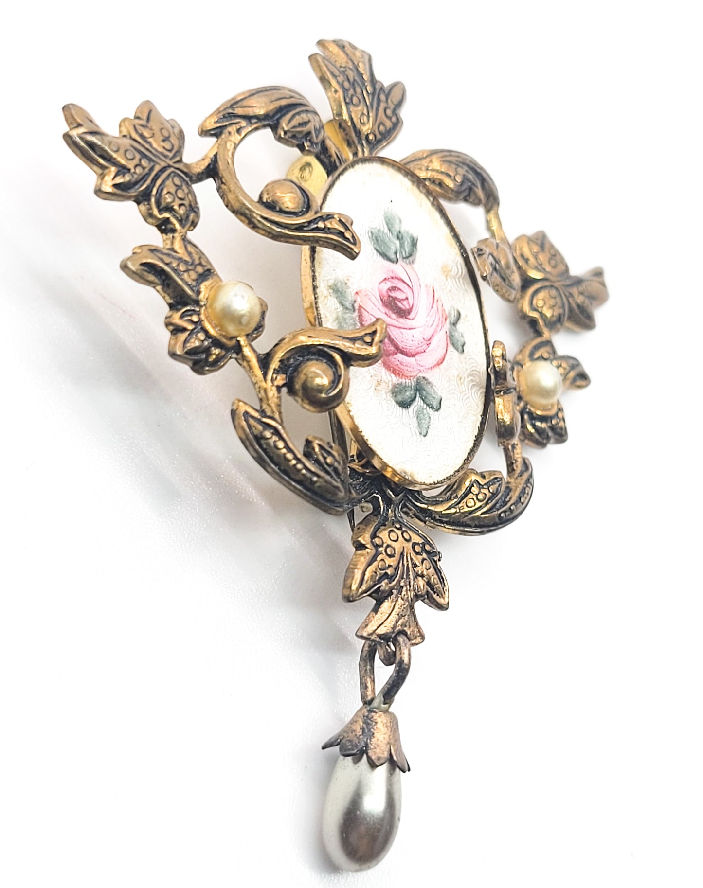 Guillouche pink rose flower white enamel Art Nouveau style faux pearl vintage brooch