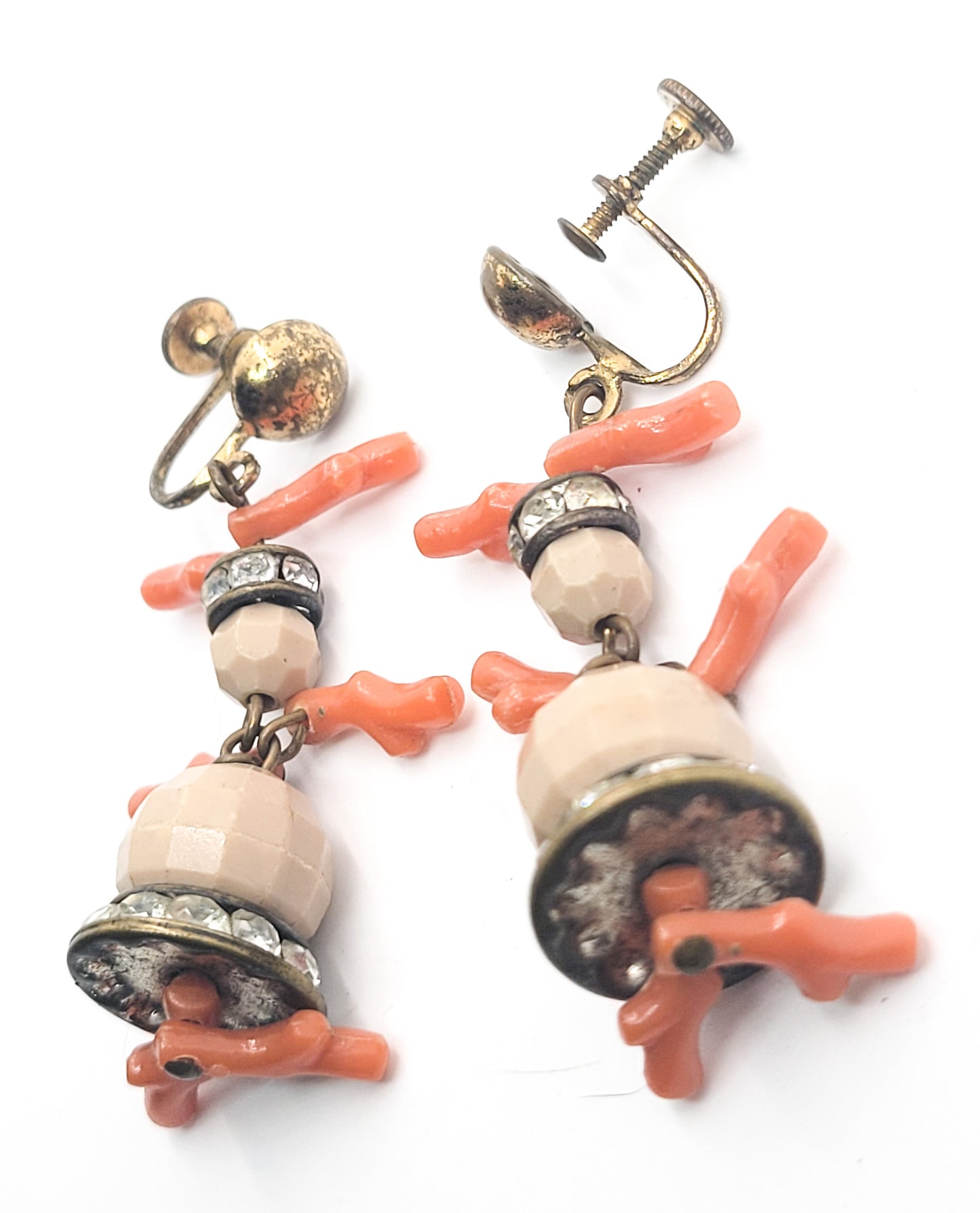 Dancing lady faux coral rhinestone drop fun vintage earrings