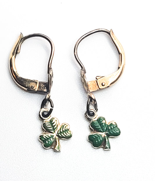 Rolled gold lever back green enamel shamrock vintage lever back flower earrings