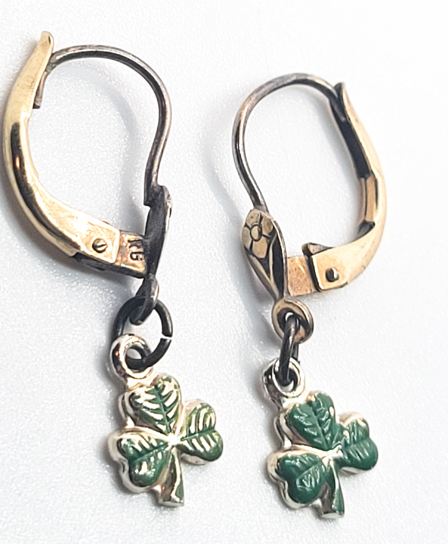 Rolled gold lever back green enamel shamrock vintage lever back flower earrings
