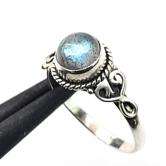 Domed Labradorite Madagascar blue gemstone heart scroll sterling silver ring size 7.5