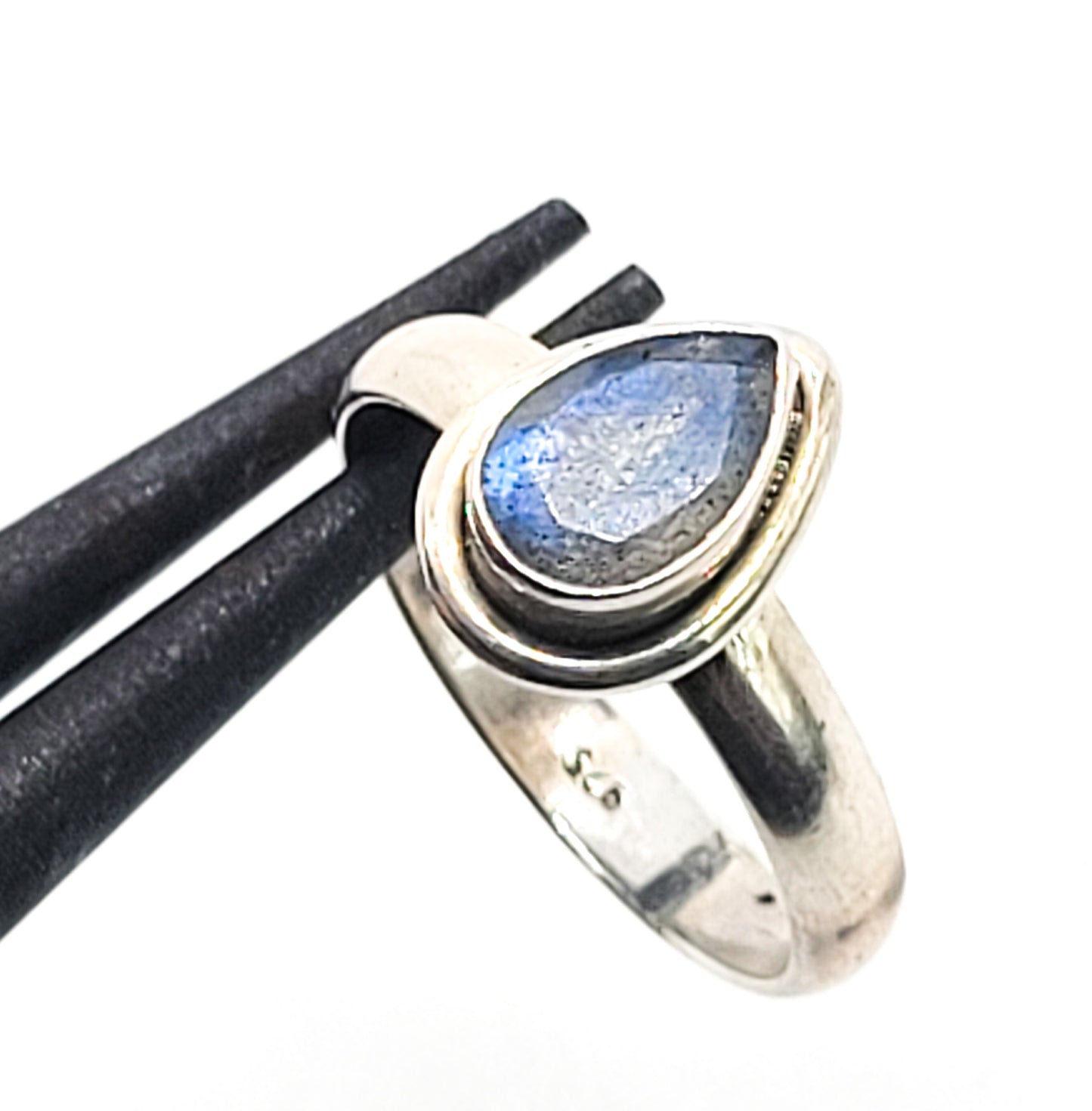Faceted Pear Labradorite Madagascar blue gemstone sterling silver ring size 7