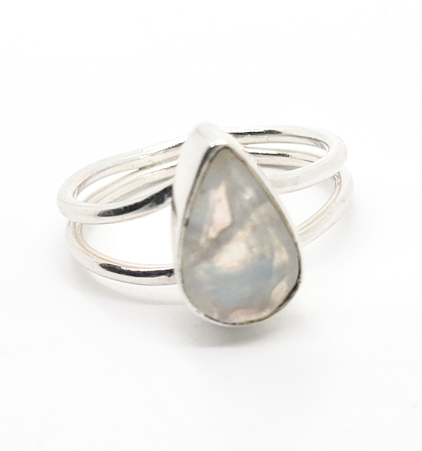 Rainbow flash faceted pear cut moonstone split shank sterling silver ring size 9