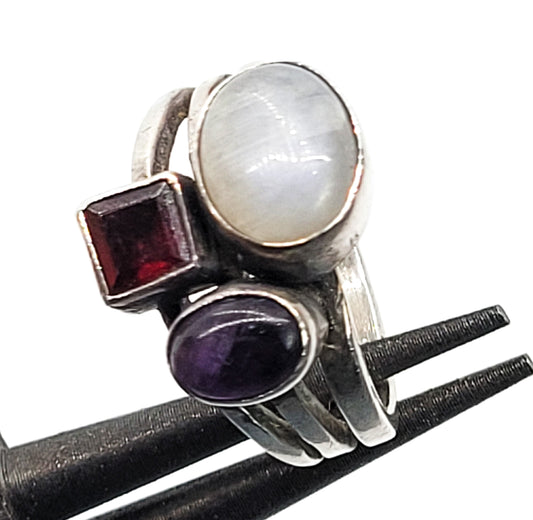 Moonstone, Amethyst and Garnet large sterling silver statement ring size 7