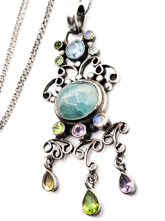 Large Fluorite sterling silver multi gemstone sterling silver necklace