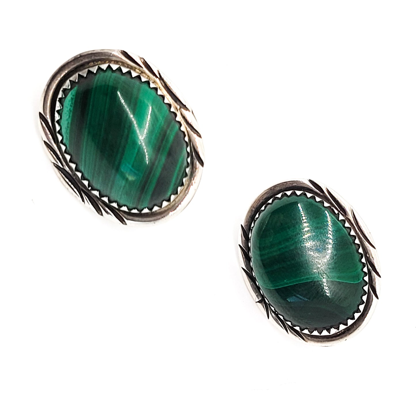 Banded Malachite green gemstone Navajo sterling silver vintage earrings