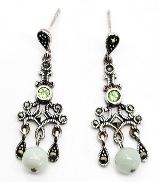 Green jade, peridot and marcasite sterling silver drop chandelier earrings