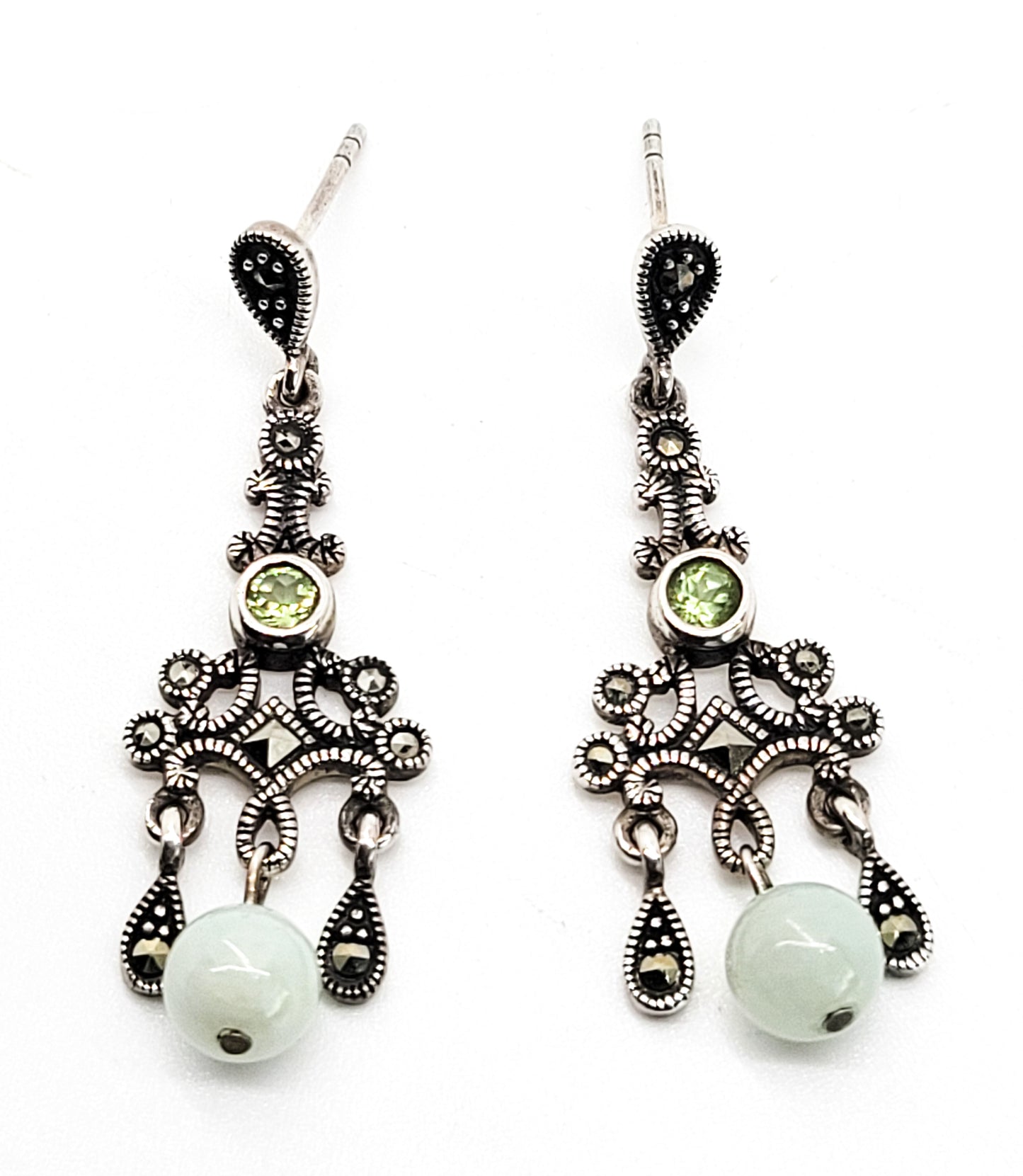 Green jade, peridot and marcasite sterling silver drop chandelier earrings