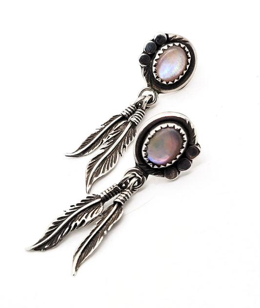 Pink Slipper Shell Native American sterling silver feather drop vintage earrings