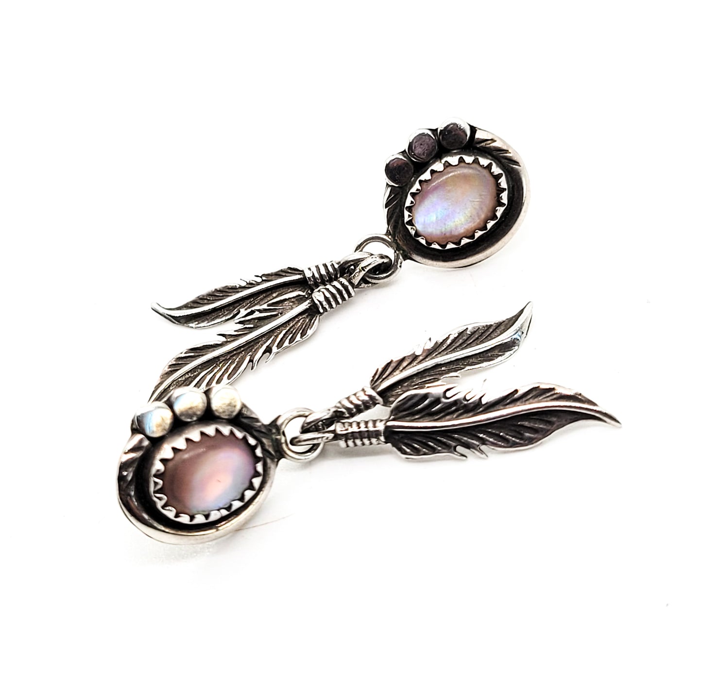 Pink Slipper Shell Native American sterling silver feather drop vintage earrings