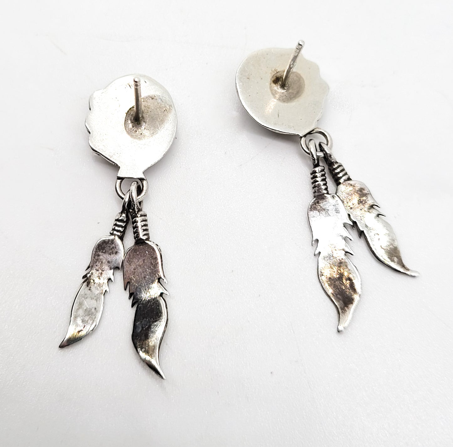 Pink Slipper Shell Native American sterling silver feather drop vintage earrings