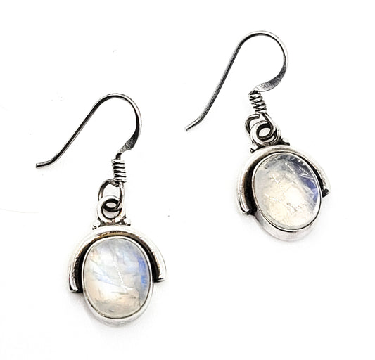 Blue flashy moonstone cab tribal Balinese drop sterling silver earrings