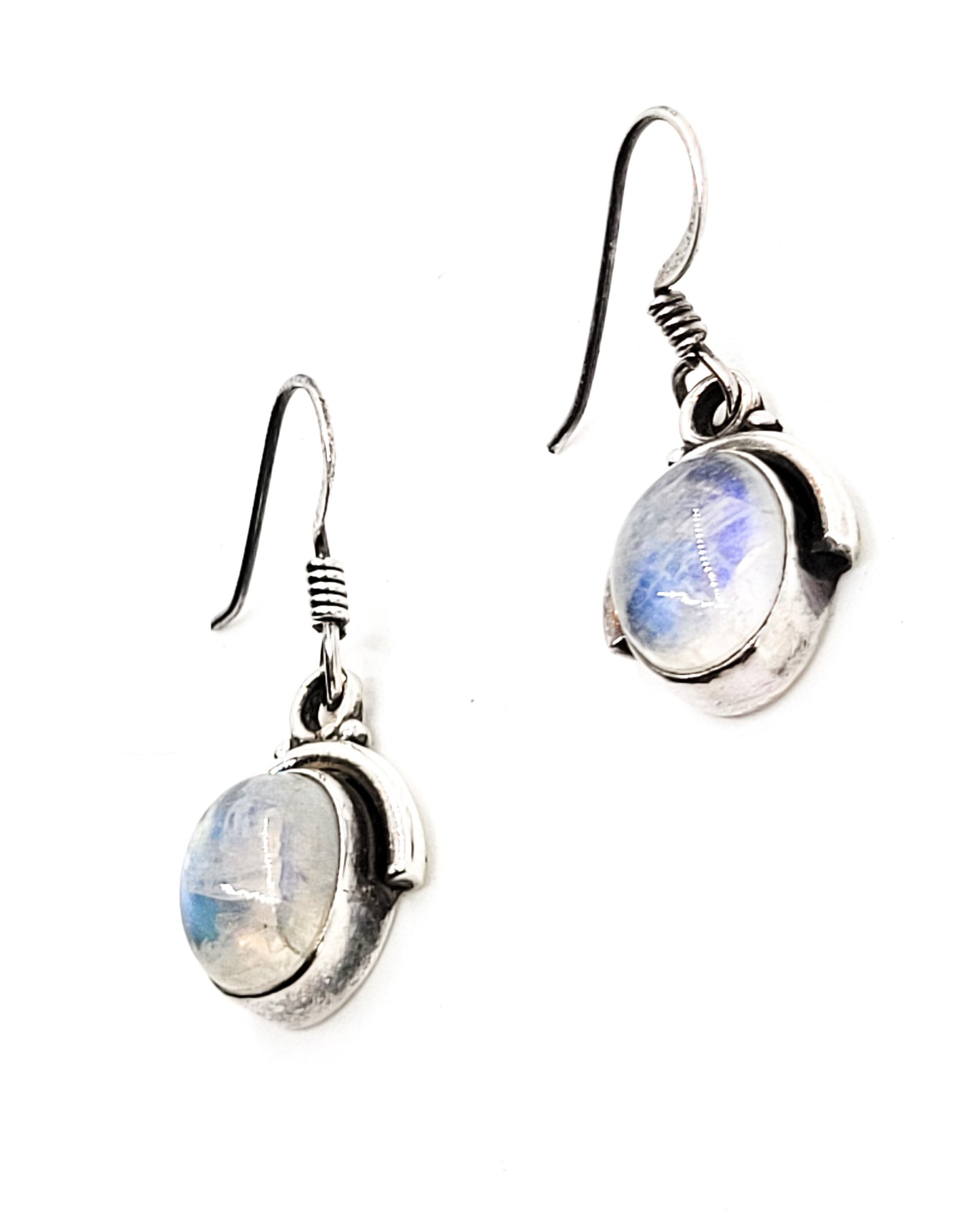 Blue flashy moonstone cab tribal Balinese drop sterling silver earrings