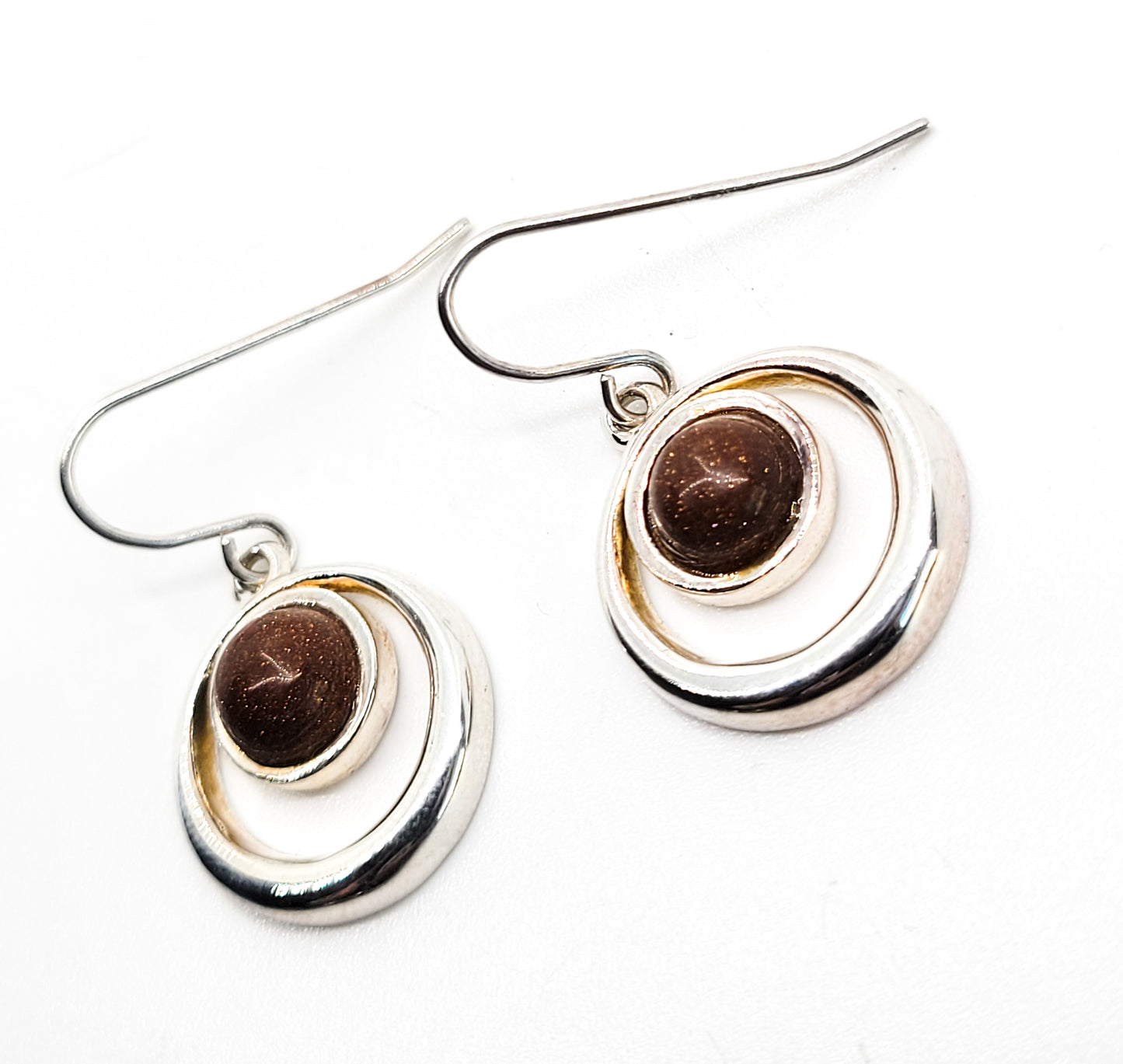 Goldstone Modernist sterling silver drop hoop vintage earrings