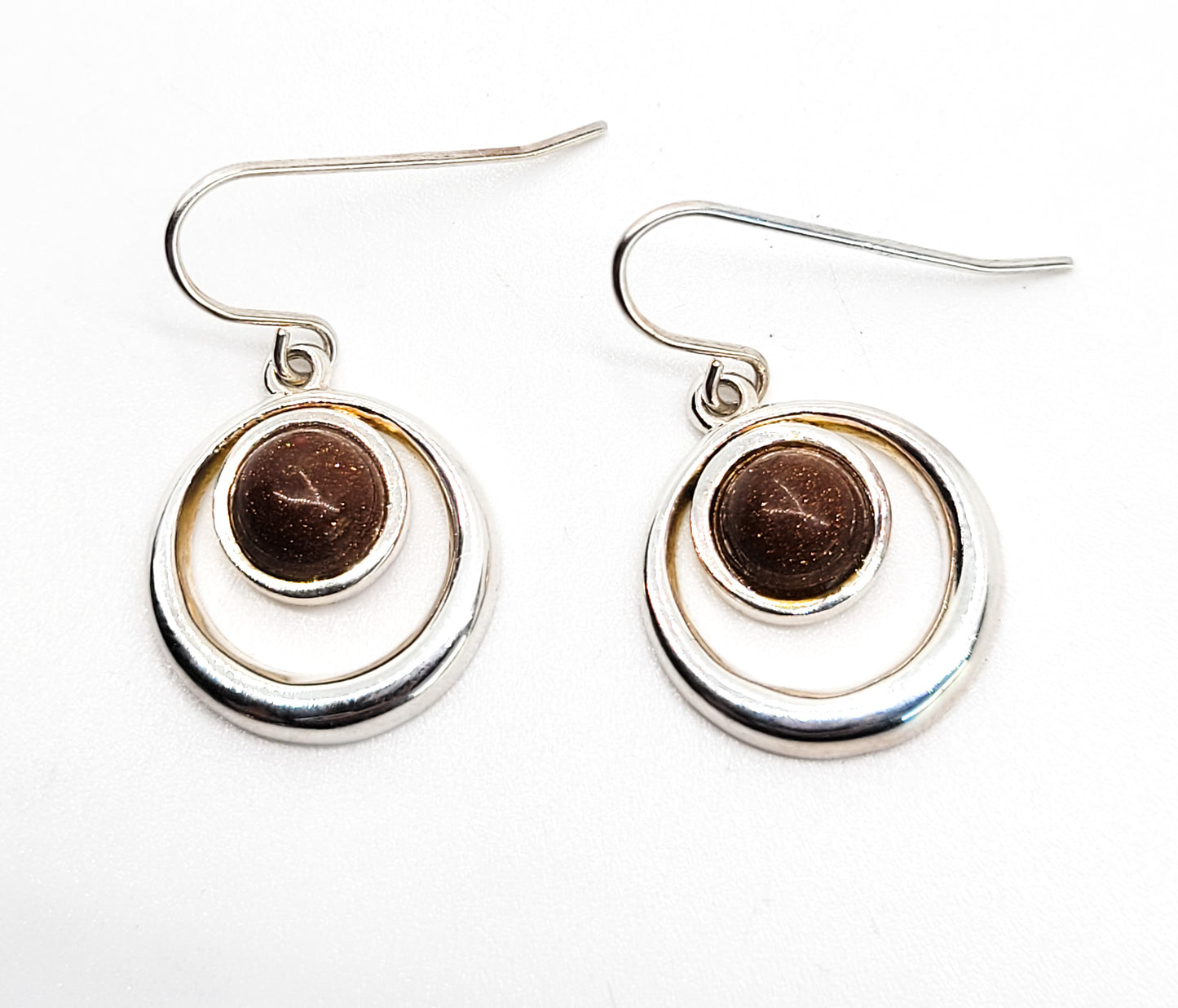 Goldstone Modernist sterling silver drop hoop vintage earrings