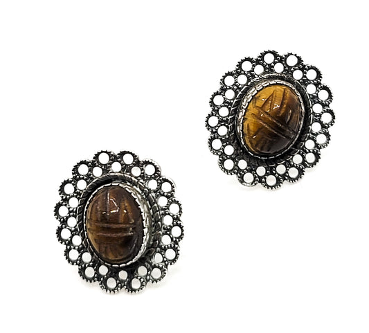 Scarab Egyptian Tiger's Eye vintage sterling silver gemstone earrings