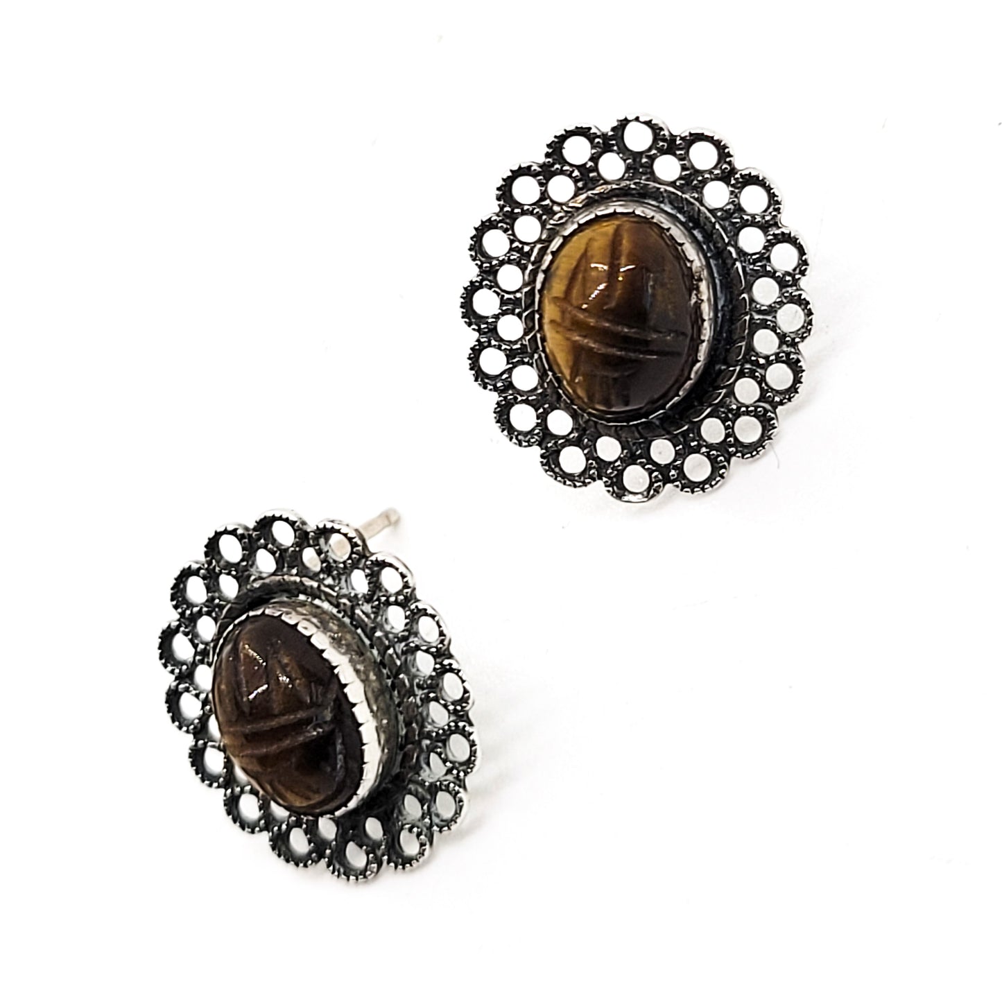Scarab Egyptian Tiger's Eye vintage sterling silver gemstone earrings