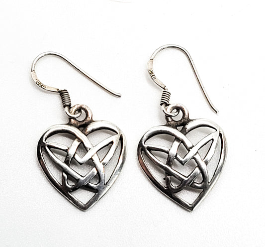 Celtic trinity knot vintage heart sterling silver drop earrings