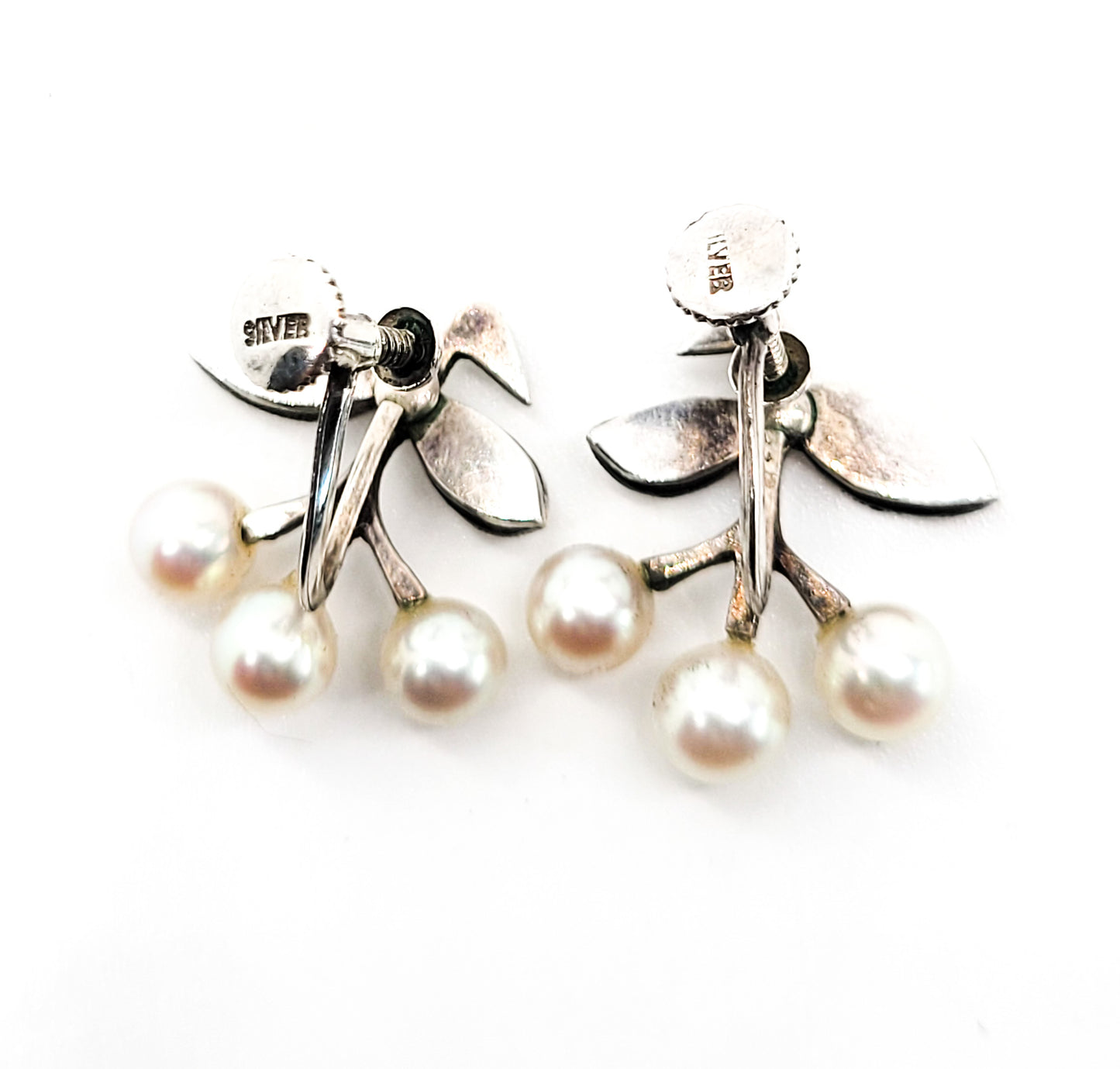 Cherry vintage Akoya pearl sterling silver screw back cherry fruit earrings