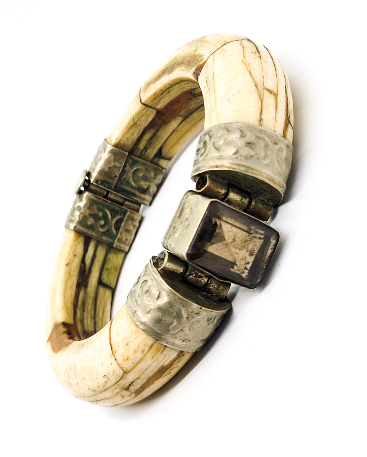 Carved Camel bone hinged smoky quartz gemstone vintage bracelet from India